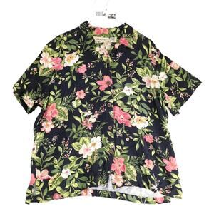 Analogy Black Tropical Button Up Rayon Shirt Women's Plus 1X Short Sleeve Casual